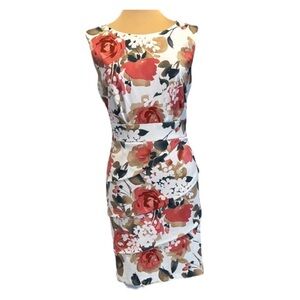 Dress barn, floral, coral, pink, and green on white sheath midi sleeveless dress